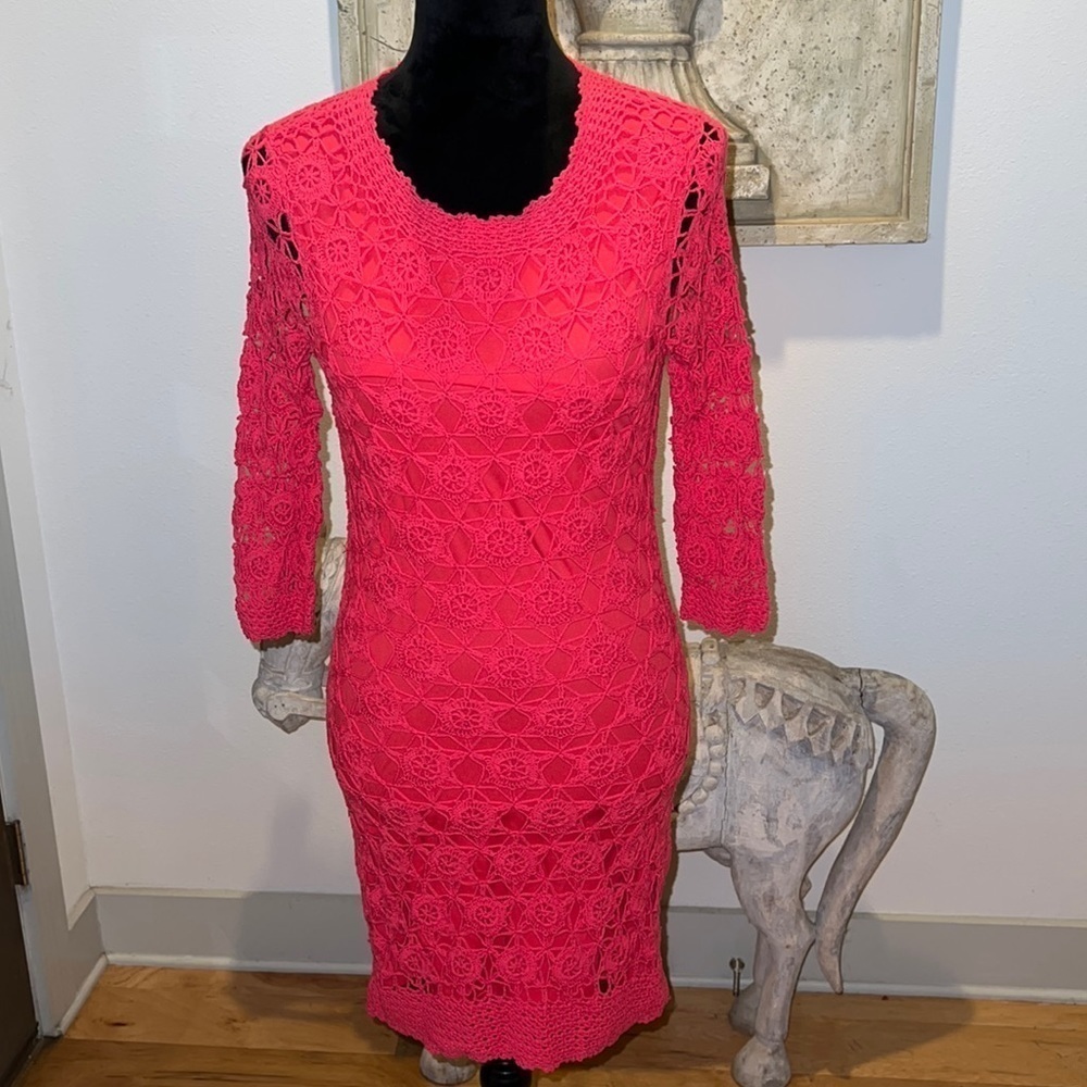 Antonio Melani‎ knitted crochet shift dress coral pink Sz S
